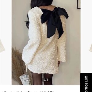 Commense Textured Cream Dress with Black Bow